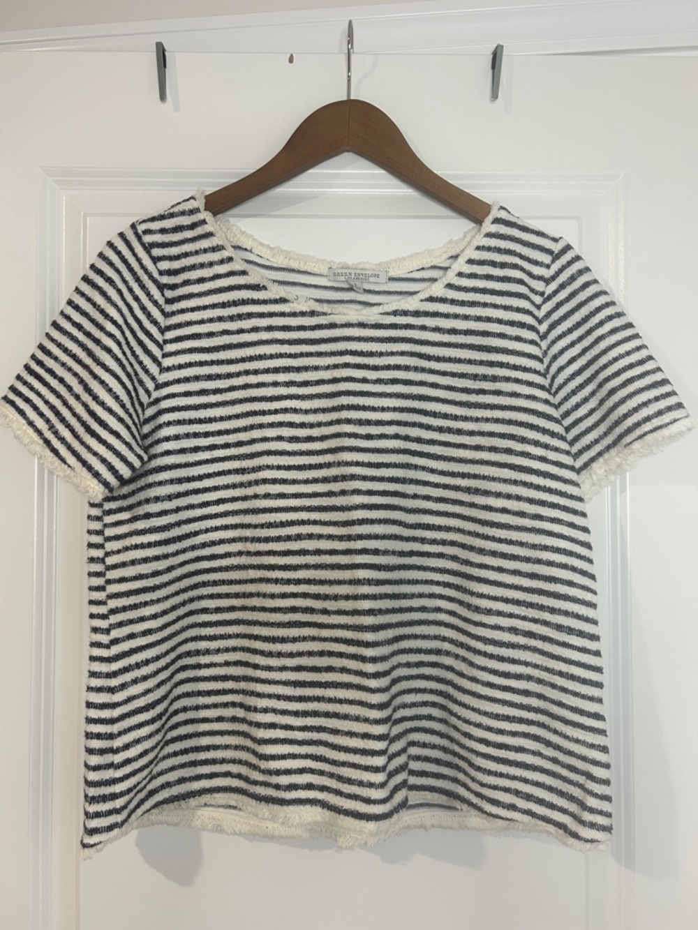 Green Envelope Nautical Striped Knit Top with Frayed Hem
